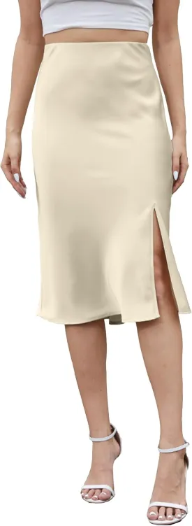 ALCEA ROSEA Women High Waist Silky Satin Midi Skirt Elastic Waist A Line Skirt with Slit
