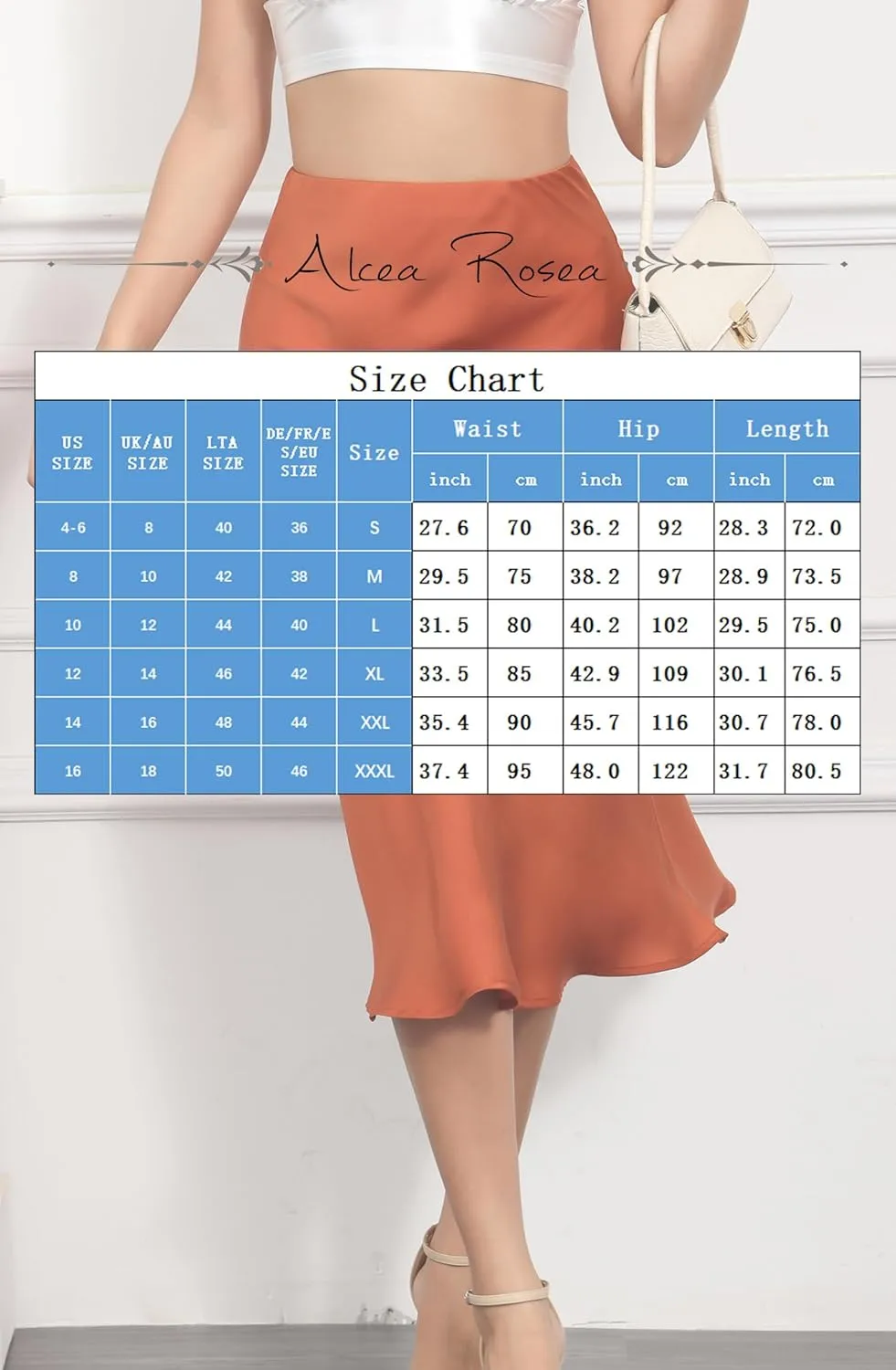 ALCEA ROSEA Womens Satin High Waisted Silky Midi Skirt Elastic A-line Skirt for Wedding Party Work