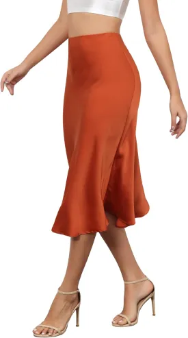 ALCEA ROSEA Womens Satin High Waisted Silky Midi Skirt Elastic A-line Skirt for Wedding Party Work