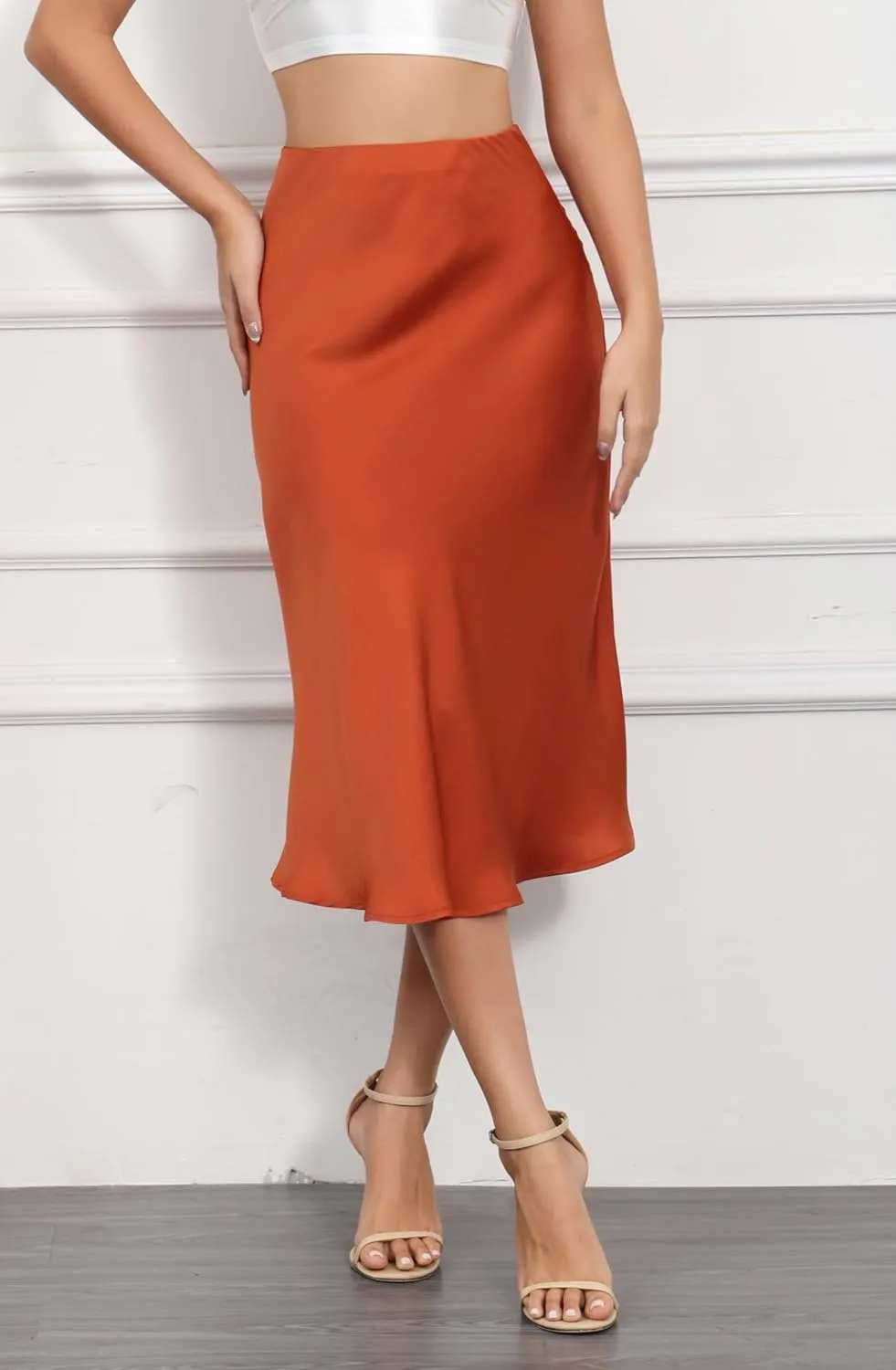 ALCEA ROSEA Womens Satin High Waisted Silky Midi Skirt Elastic A-line Skirt for Wedding Party Work
