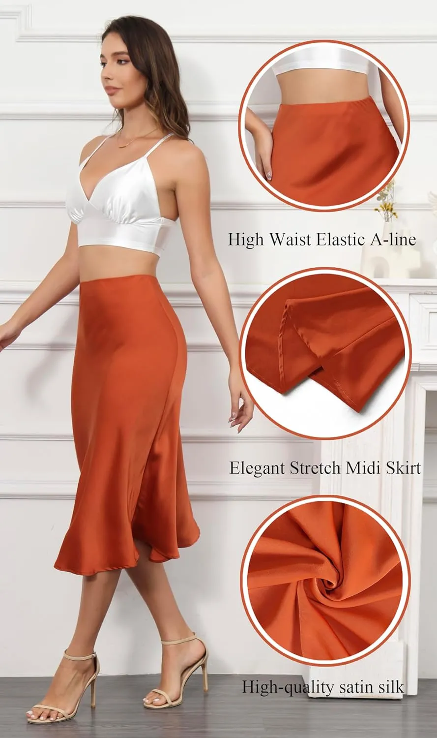 ALCEA ROSEA Womens Satin High Waisted Silky Midi Skirt Elastic A-line Skirt for Wedding Party Work