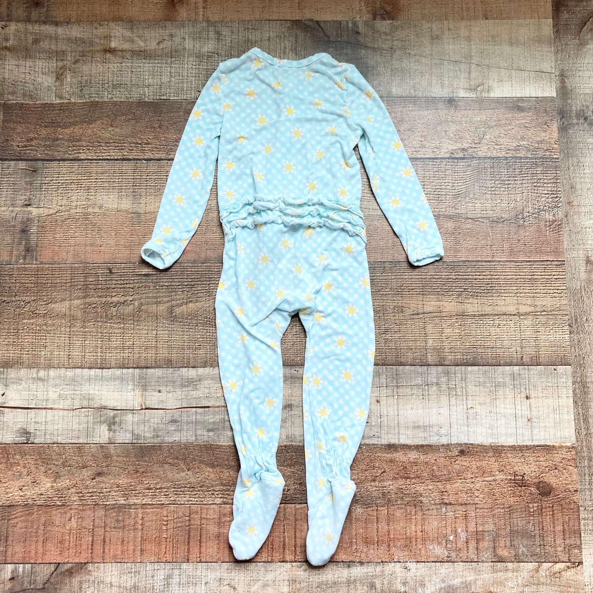 Angel Dear Light Blue/White Checked with Flowers Zip Up Footie Ruffle Butt Pajamas- Size ~3T (see notes, no size tag, fits like 3T)