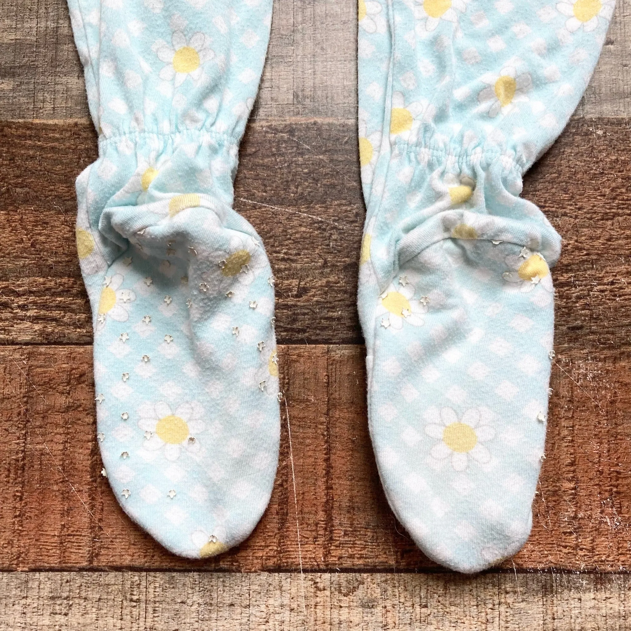 Angel Dear Light Blue/White Checked with Flowers Zip Up Footie Ruffle Butt Pajamas- Size ~3T (see notes, no size tag, fits like 3T)