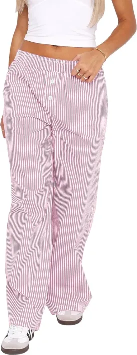 Balimtoy Women Y2k Striped Pajamas Lounge Boxer Pants Casual Elastic Waist Wide Leg Loose Trousers with Pockets Streetwear