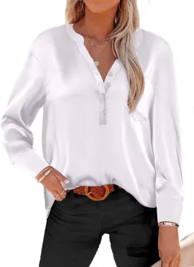Beyove Satin Blouses for Women Button Down Silky Shirts V Neck Roll Up Long Sleeve Casual Loose Office Work Tops