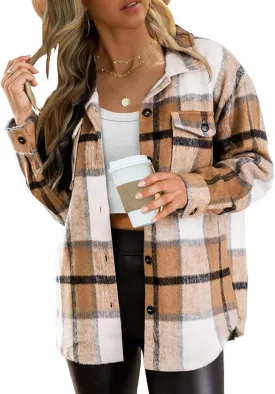 Blansdi Womens Flannel Shacket Plaid Long Sleeve Button Down Flannel Shirts Jacket Fall Winter Spring Outfits