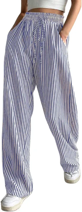 chouyatou Women's Casual Striped Wide Leg Pants Drawstring Elastic Waist Dress Palazzo Pants with Pockets
