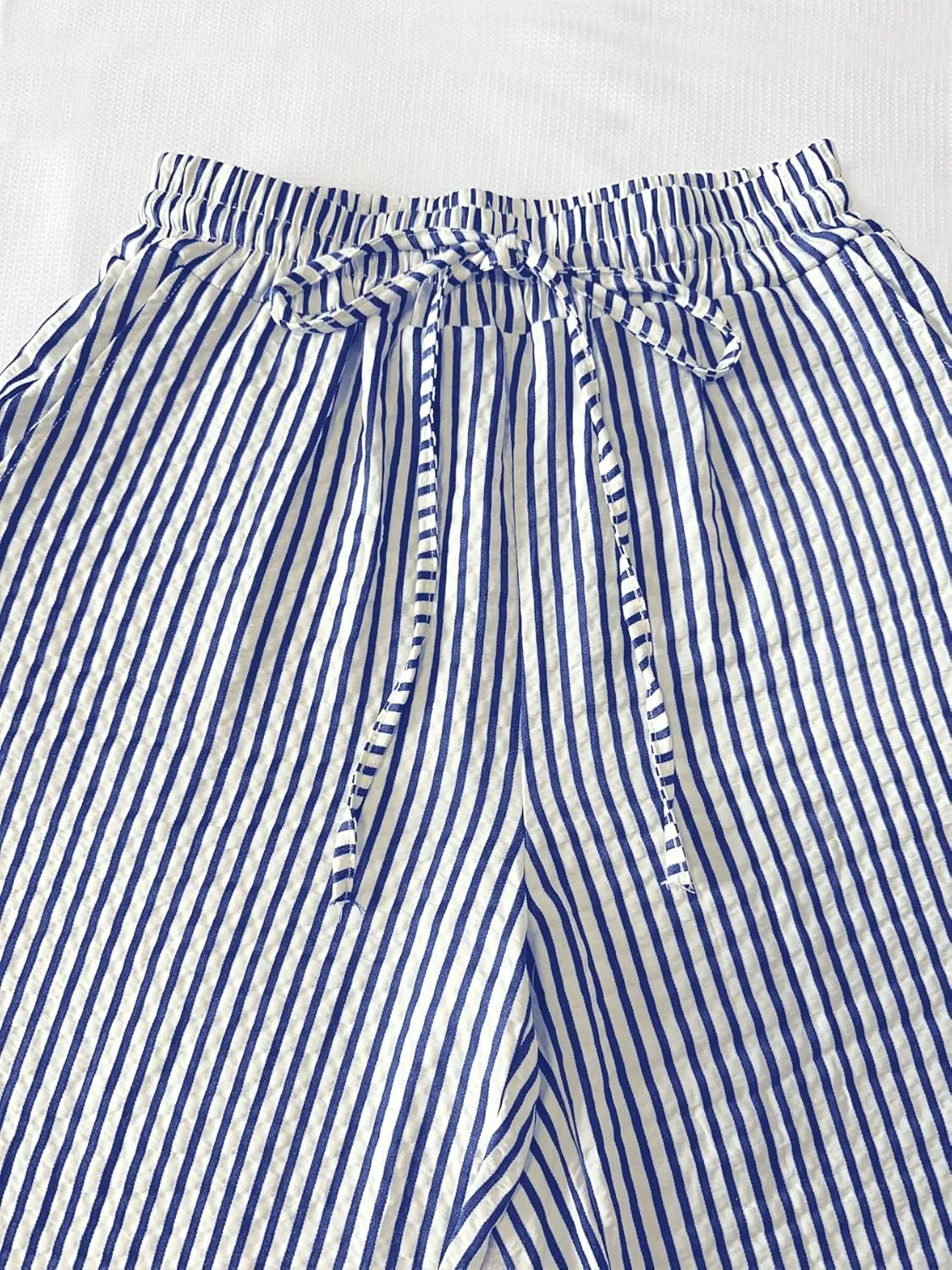 chouyatou Women's Casual Striped Wide Leg Pants Drawstring Elastic Waist Dress Palazzo Pants with Pockets