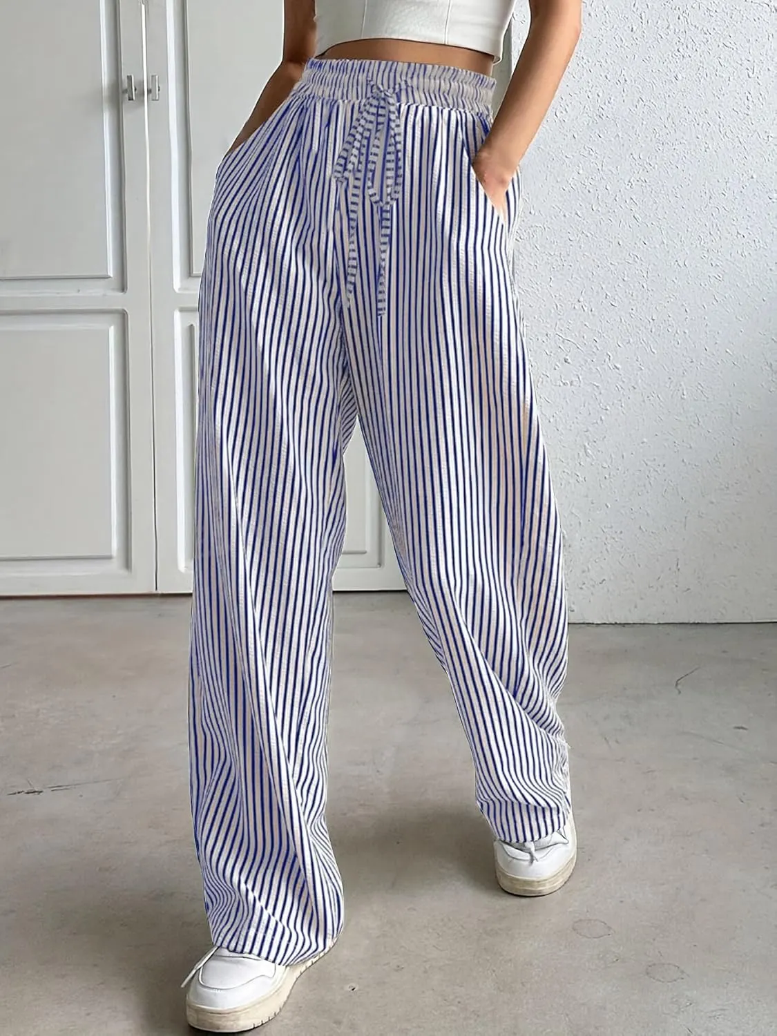 chouyatou Women's Casual Striped Wide Leg Pants Drawstring Elastic Waist Dress Palazzo Pants with Pockets