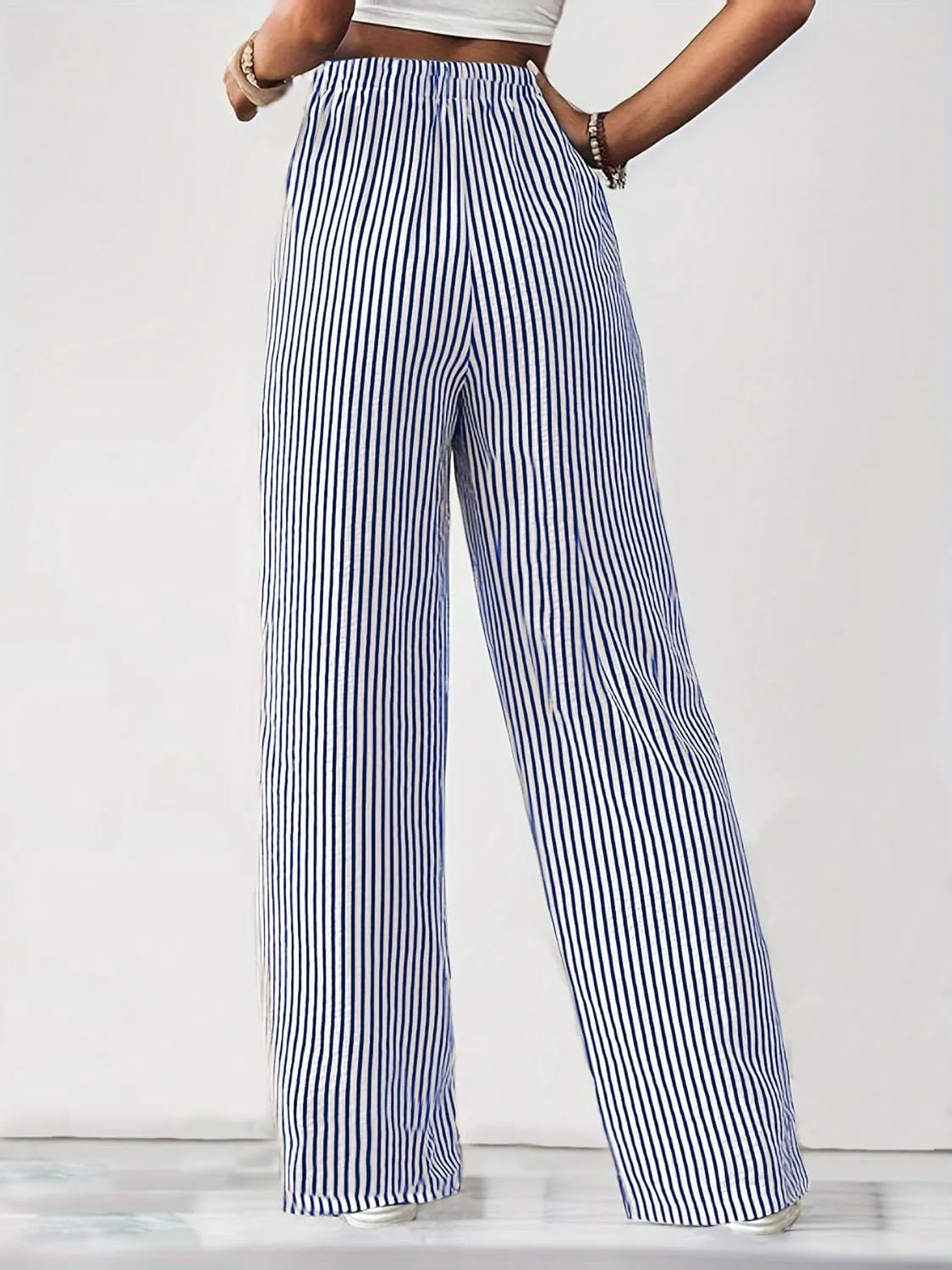 chouyatou Women's Casual Striped Wide Leg Pants Drawstring Elastic Waist Dress Palazzo Pants with Pockets