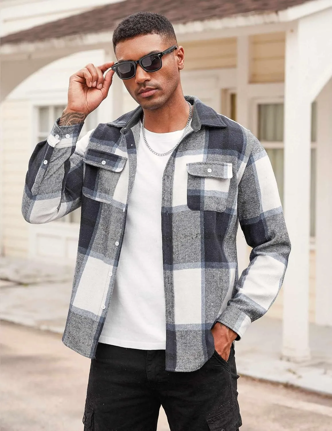 COOFANDY Men's Flannel Shirts Long Sleeve Cotton Plaid Shirt Jacket Casual Button Down Shirt with Pockets