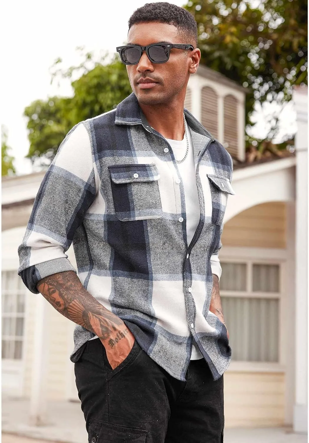 COOFANDY Men's Flannel Shirts Long Sleeve Cotton Plaid Shirt Jacket Casual Button Down Shirt with Pockets