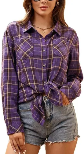 Damipow Flannel Shirt Women Long Sleeve Fall Blouse Ladies Casual Top Cute Clothes