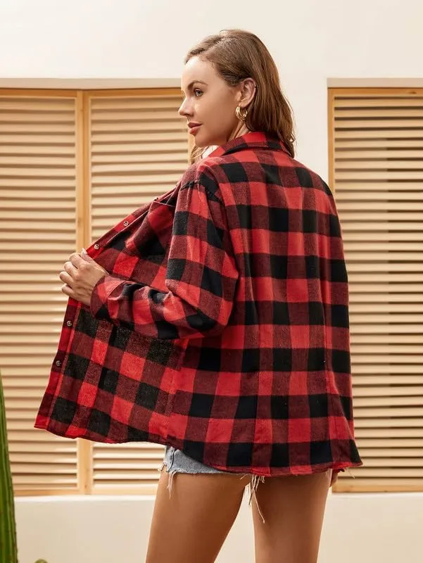 Damipow Flannel Shirt Women Long Sleeve Fall Blouse Ladies Casual Top Cute Clothes
