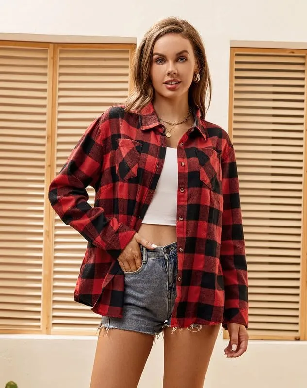 Damipow Flannel Shirt Women Long Sleeve Fall Blouse Ladies Casual Top Cute Clothes