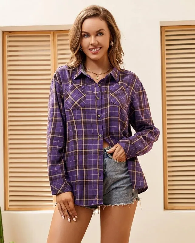 Damipow Flannel Shirt Women Long Sleeve Fall Blouse Ladies Casual Top Cute Clothes