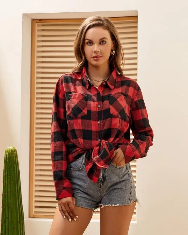 Damipow Flannel Shirt Women Long Sleeve Fall Blouse Ladies Casual Top Cute Clothes