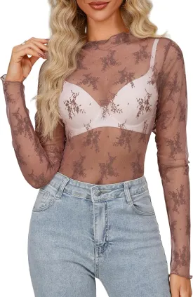 Diosun Womens Mesh Sheer Tops Long/Short Sleeve Mock Neck Sexy See Through Shirts Lace Floral Blouses Y2K Layering Top