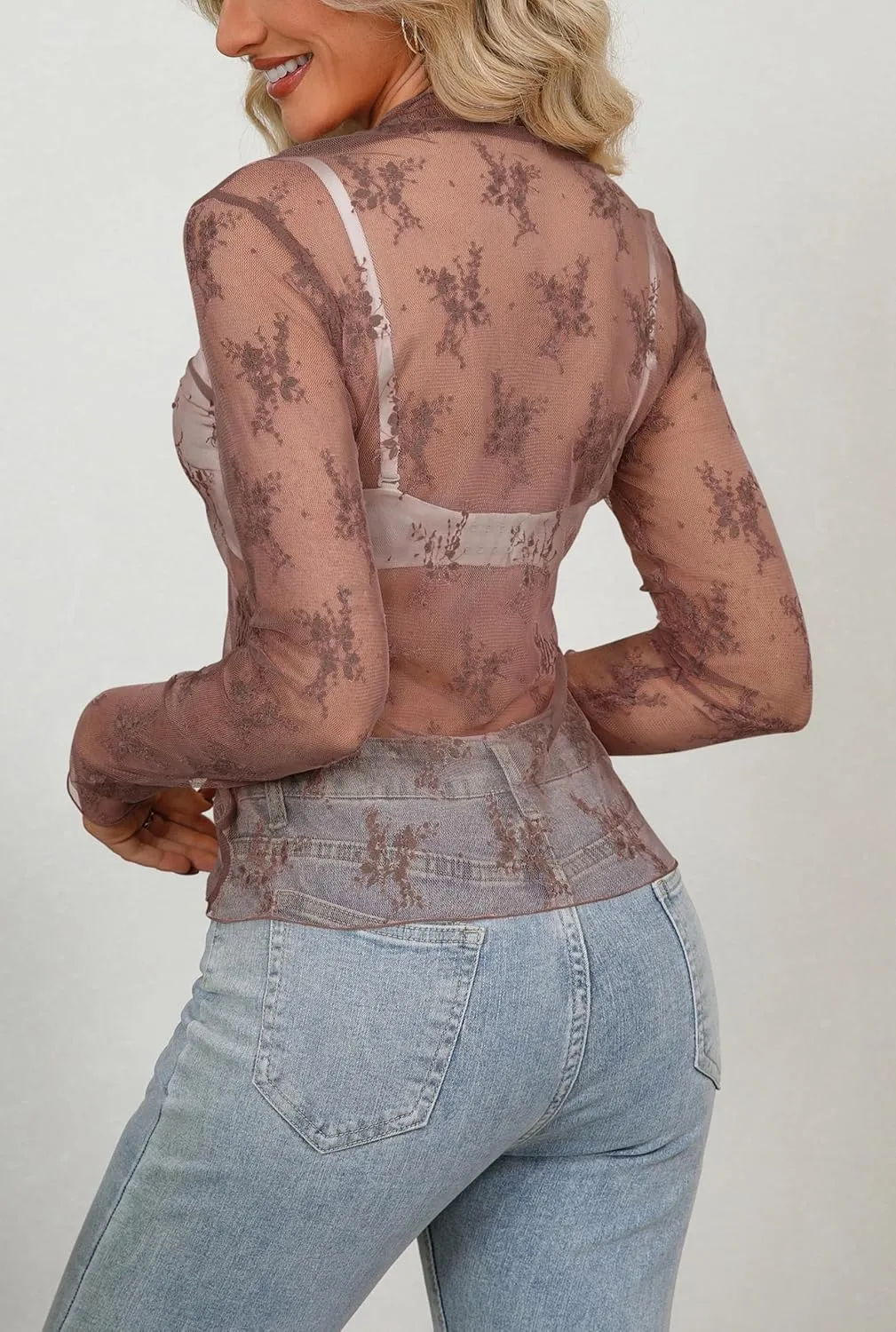 Diosun Womens Mesh Sheer Tops Long/Short Sleeve Mock Neck Sexy See Through Shirts Lace Floral Blouses Y2K Layering Top
