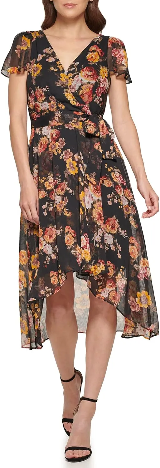 DKNY Women's Short Sleeve Asymmetrical Hem Faux Wrap Dress