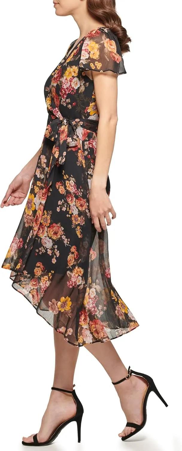 DKNY Women's Short Sleeve Asymmetrical Hem Faux Wrap Dress