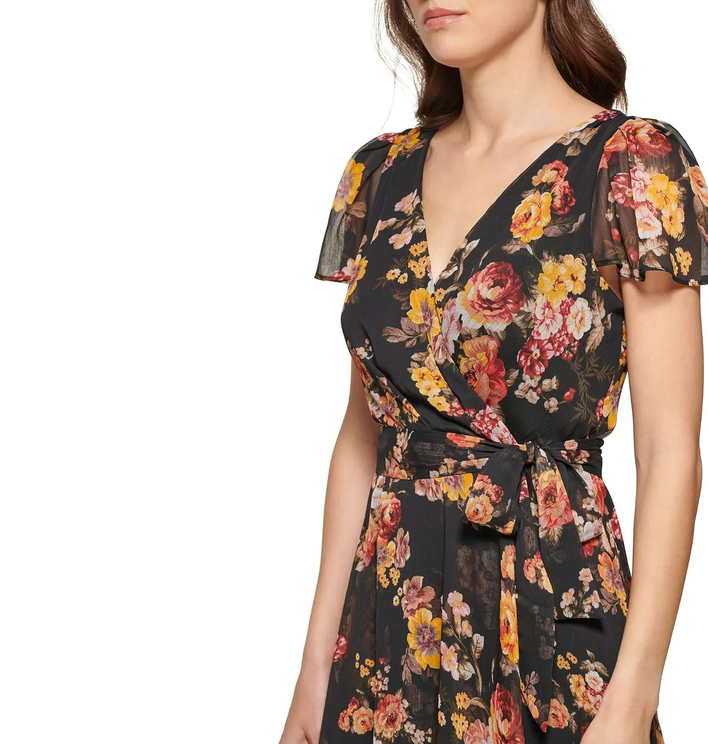 DKNY Women's Short Sleeve Asymmetrical Hem Faux Wrap Dress
