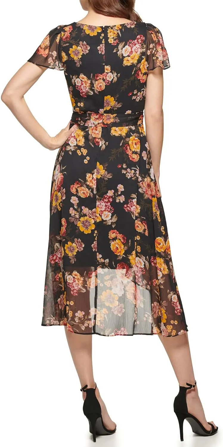 DKNY Women's Short Sleeve Asymmetrical Hem Faux Wrap Dress