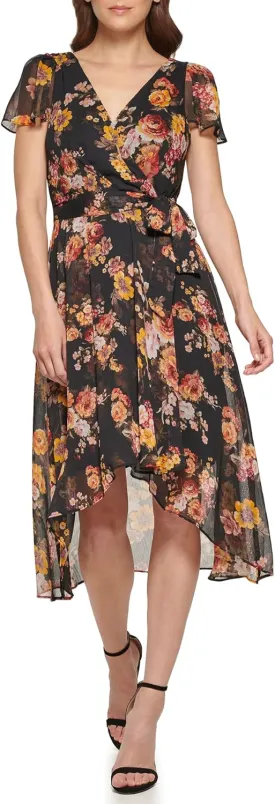 DKNY Women's Short Sleeve Asymmetrical Hem Faux Wrap Dress
