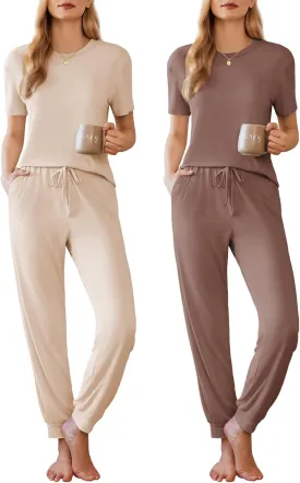 Ekouaer 2 Pack Womens Pajama Sets Short Sleeve Tops Jogger Pants Lounge Sets Soft Loungewear Printed Pj with Pockets
