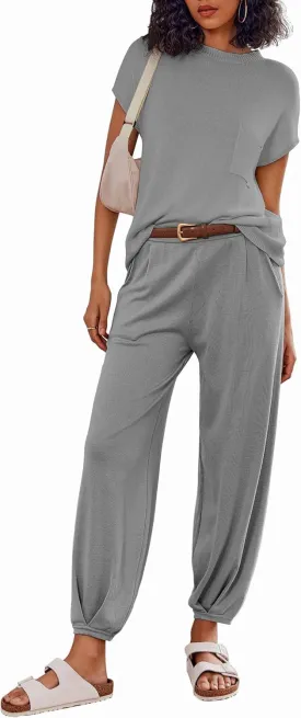 Ekouaer Two Piece Outfits Lounge Sets for Women Sweater Sets Knit Short Sleeve Tops Jogger Pants Matching Tracksuit