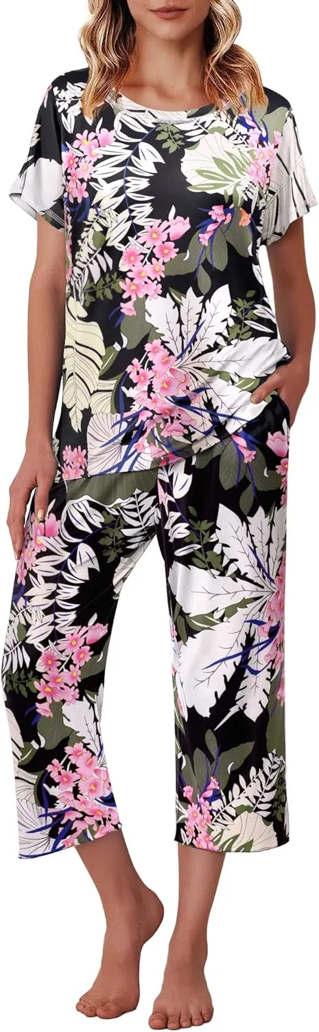 Ekouaer Women's Capri Pajama Sets Floral Print Short Sleeve Sleepwear Top and Capri Pants 2 Piece Loungewear with Pockets