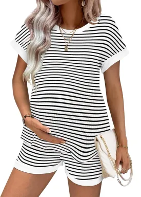 Ekouaer Women's Waffle Knit Maternity Pajamas 2 Piece Outfits Short Sleeve Tops and Shorts Loungewear Set Pregnancy Clothes