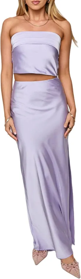 Faretumiya Women Elegant Maxi Skirt Set Strapless Backless Tube Crop Top Slit Long Skirt Floral Satin Two Piece Y2k Outfits