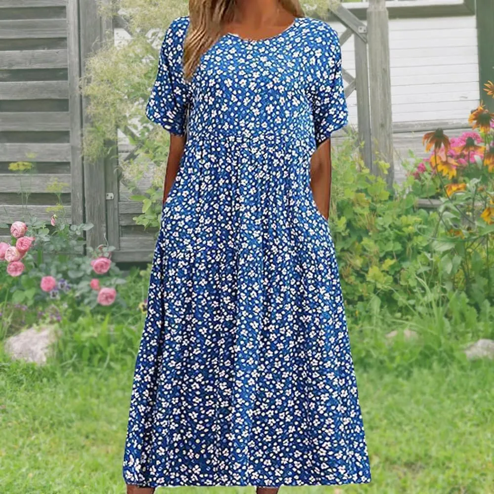 GELEGLAER Womens Flowy Boho Floral Maxi Dress Summer Casual Baggy Beach Vacation Long Dress with Pockets