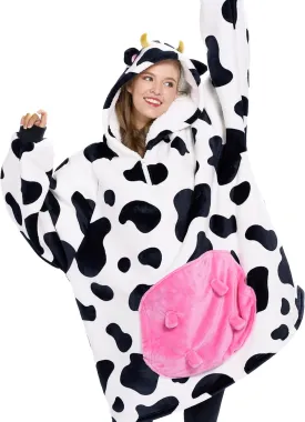 Giggling Getup Cow Wearable Blanket Hoodie - Oversized Soft Sherpa Fleece Hooded Blanket - Warm Cozy Plush Flannel Blanket Sweatshirt Gifts - with Giant Pocket and Sleeves for Adults Women Men