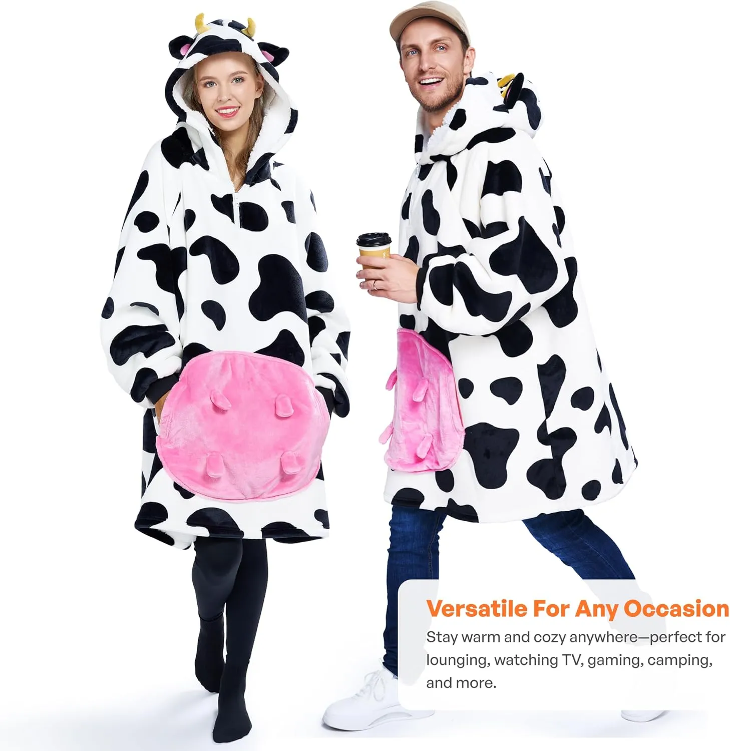 Giggling Getup Cow Wearable Blanket Hoodie - Oversized Soft Sherpa Fleece Hooded Blanket - Warm Cozy Plush Flannel Blanket Sweatshirt Gifts - with Giant Pocket and Sleeves for Adults Women Men
