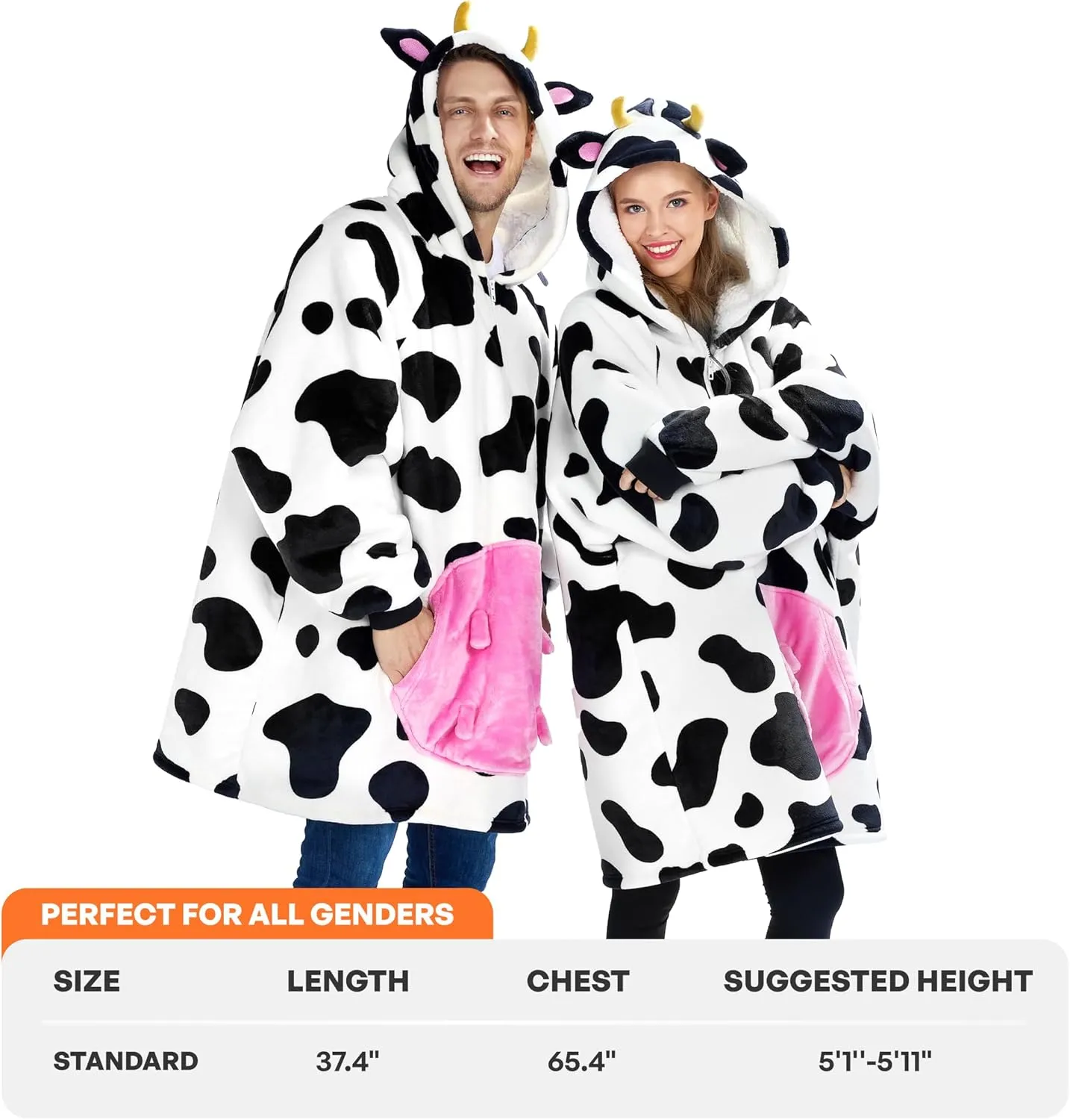 Giggling Getup Cow Wearable Blanket Hoodie - Oversized Soft Sherpa Fleece Hooded Blanket - Warm Cozy Plush Flannel Blanket Sweatshirt Gifts - with Giant Pocket and Sleeves for Adults Women Men