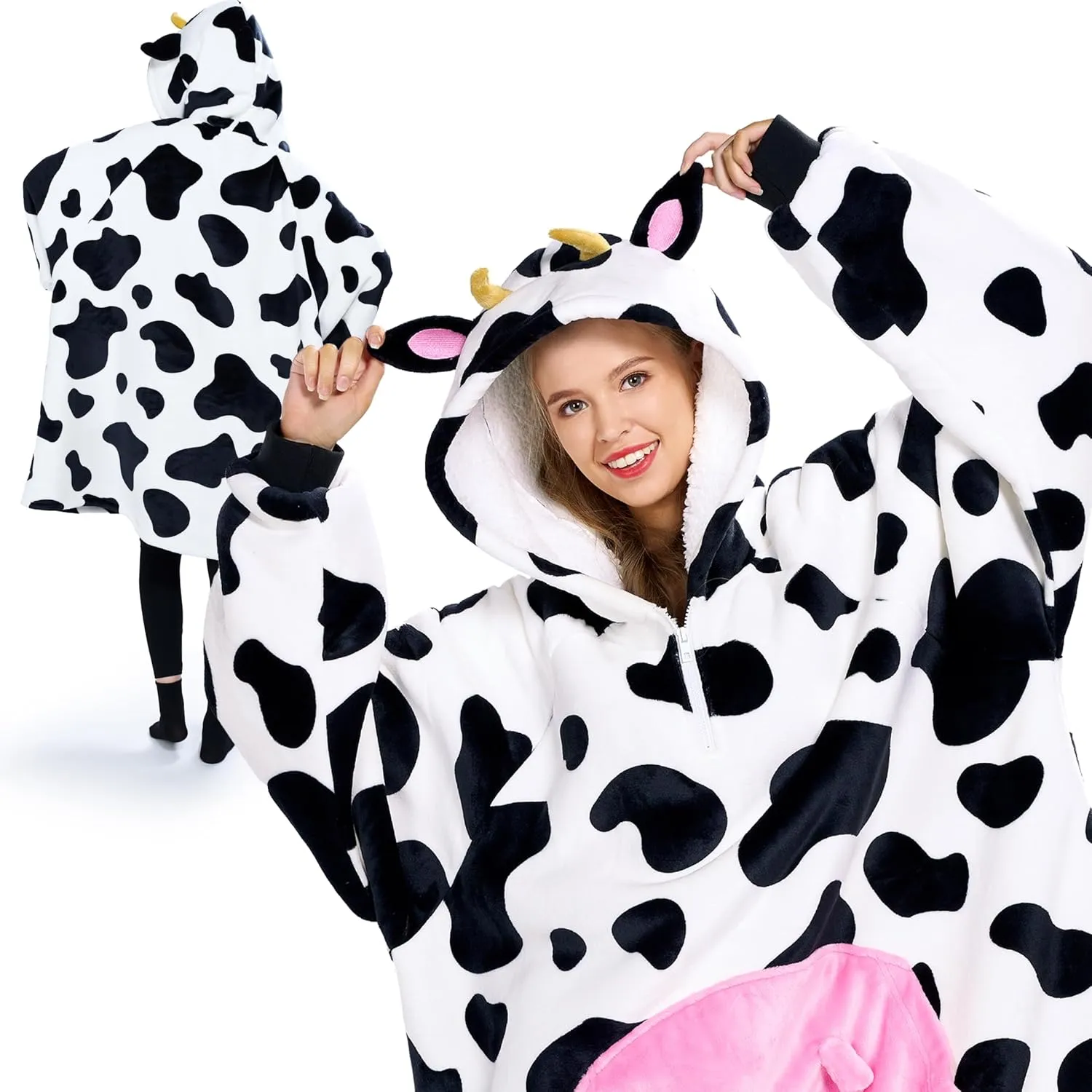 Giggling Getup Cow Wearable Blanket Hoodie - Oversized Soft Sherpa Fleece Hooded Blanket - Warm Cozy Plush Flannel Blanket Sweatshirt Gifts - with Giant Pocket and Sleeves for Adults Women Men