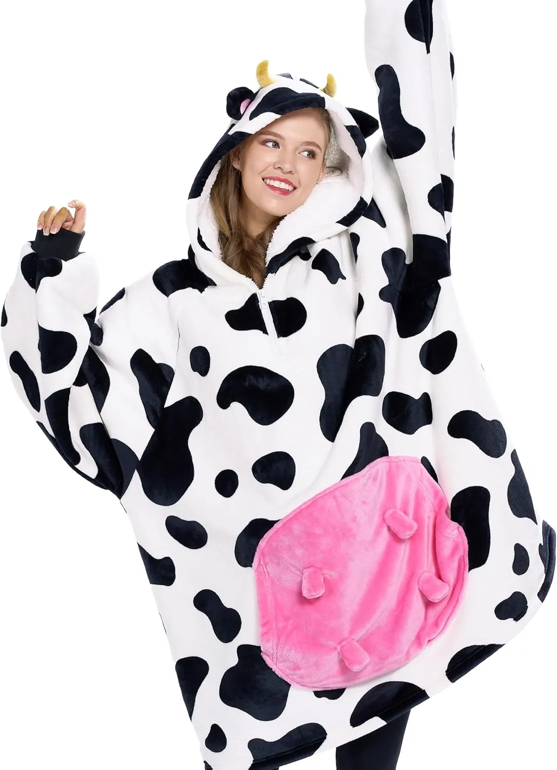 Giggling Getup Cow Wearable Blanket Hoodie - Oversized Soft Sherpa Fleece Hooded Blanket - Warm Cozy Plush Flannel Blanket Sweatshirt Gifts - with Giant Pocket and Sleeves for Adults Women Men