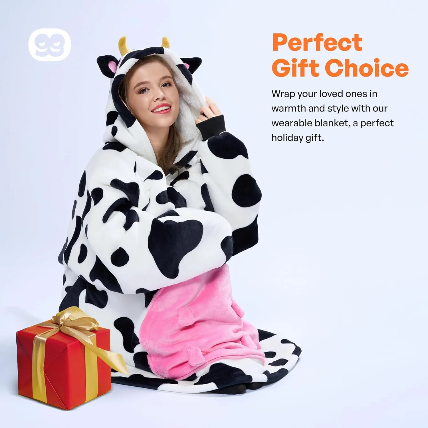 Giggling Getup Cow Wearable Blanket Hoodie - Oversized Soft Sherpa Fleece Hooded Blanket - Warm Cozy Plush Flannel Blanket Sweatshirt Gifts - with Giant Pocket and Sleeves for Adults Women Men