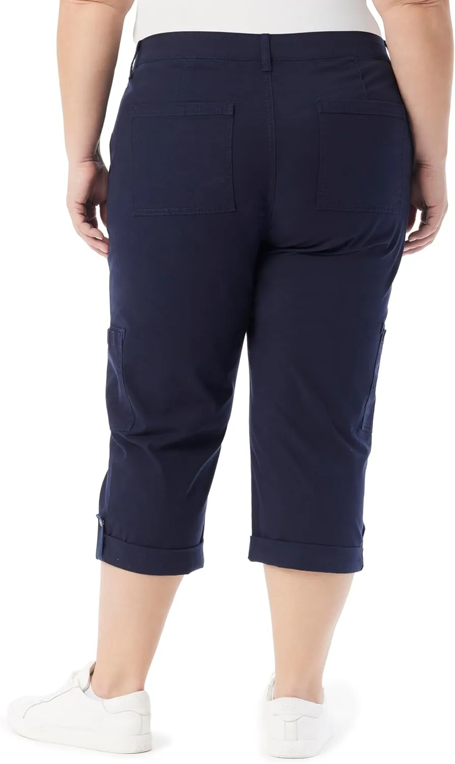 Gloria Vanderbilt Women's Cargo Capri Tab Roll Cuff with Zip Front and Elastic Waist Standard