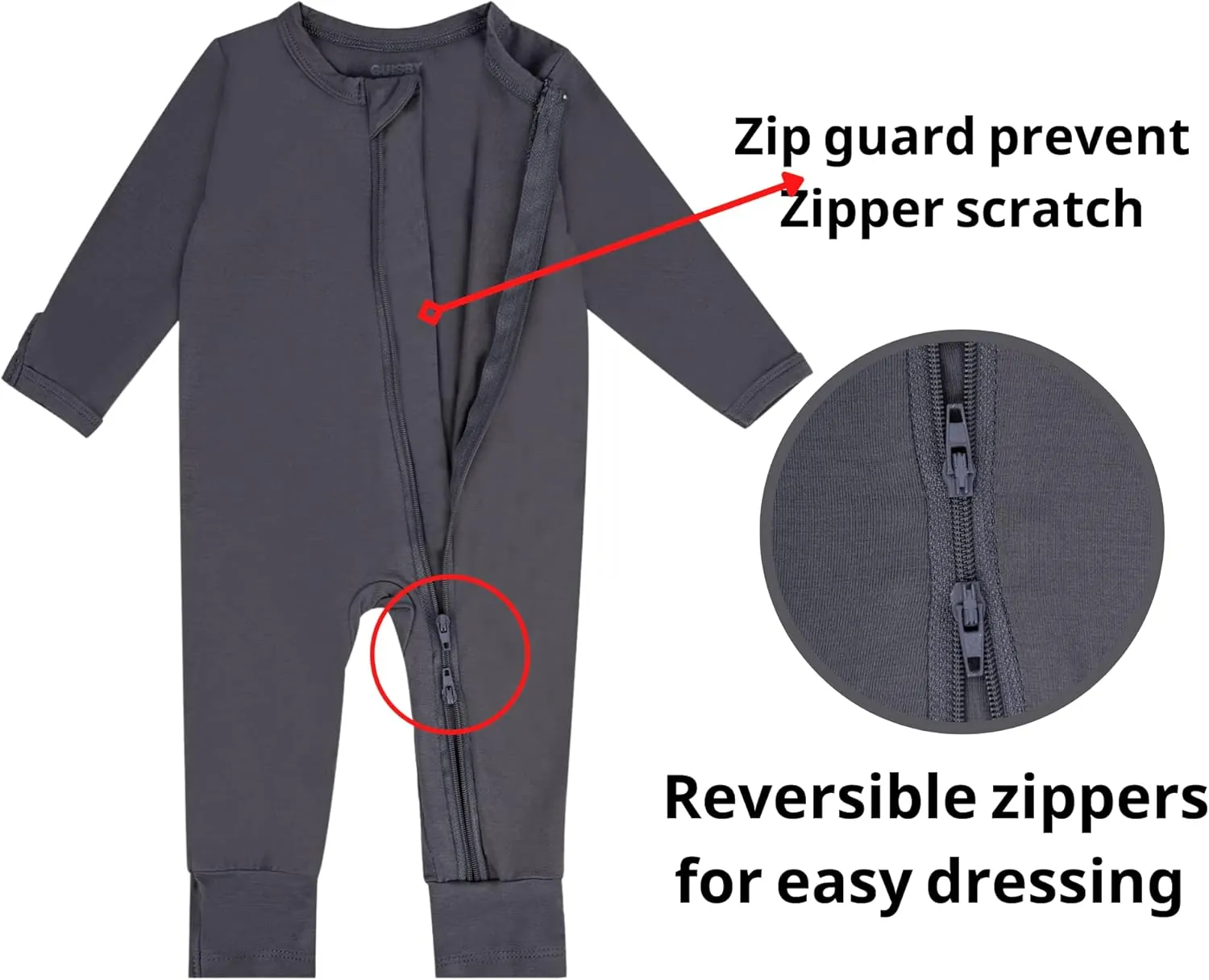 GUISBY Baby Footless Rompers, Rayon Pajamas 2 Way Zipper with Long Sleeve Sleeper