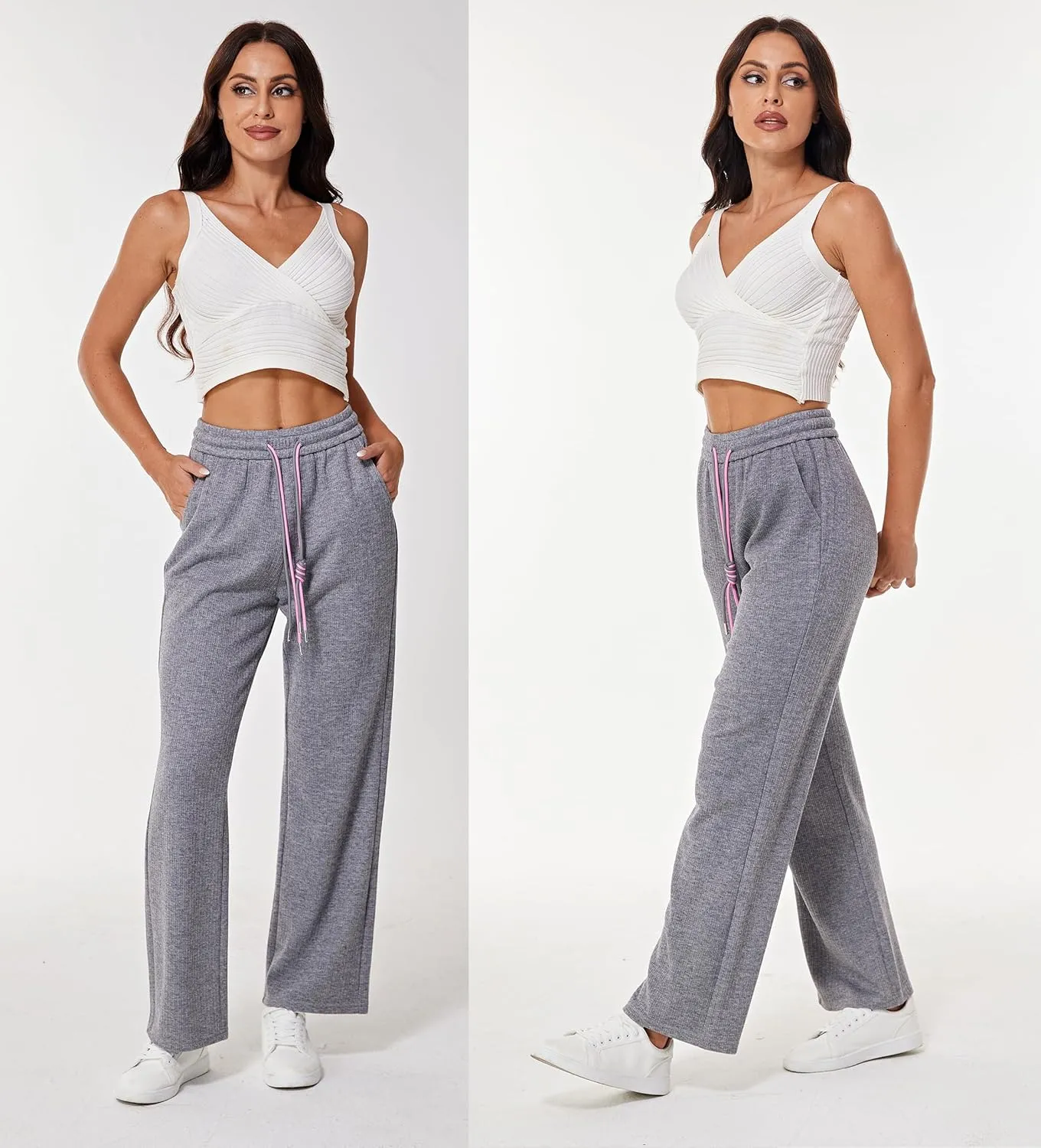 heipeiwa Women's Knit Cashmere Wool Blend Rib Wide Leg Flowy Fall Winter Thermal Sweater Pants Trouser