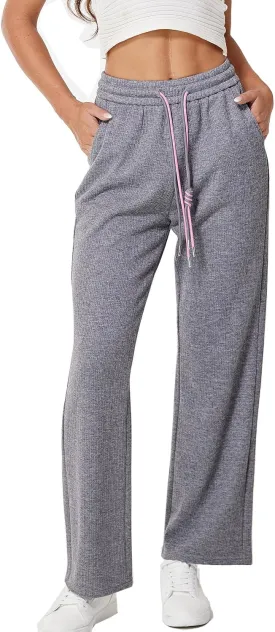 heipeiwa Women's Knit Cashmere Wool Blend Rib Wide Leg Flowy Fall Winter Thermal Sweater Pants Trouser