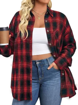 IN'VOLAND Womens Plus Size Flannel Plaid Shirts Roll Up Long Sleeve Casual Collared Button Down Shirt Loose Blouse Top