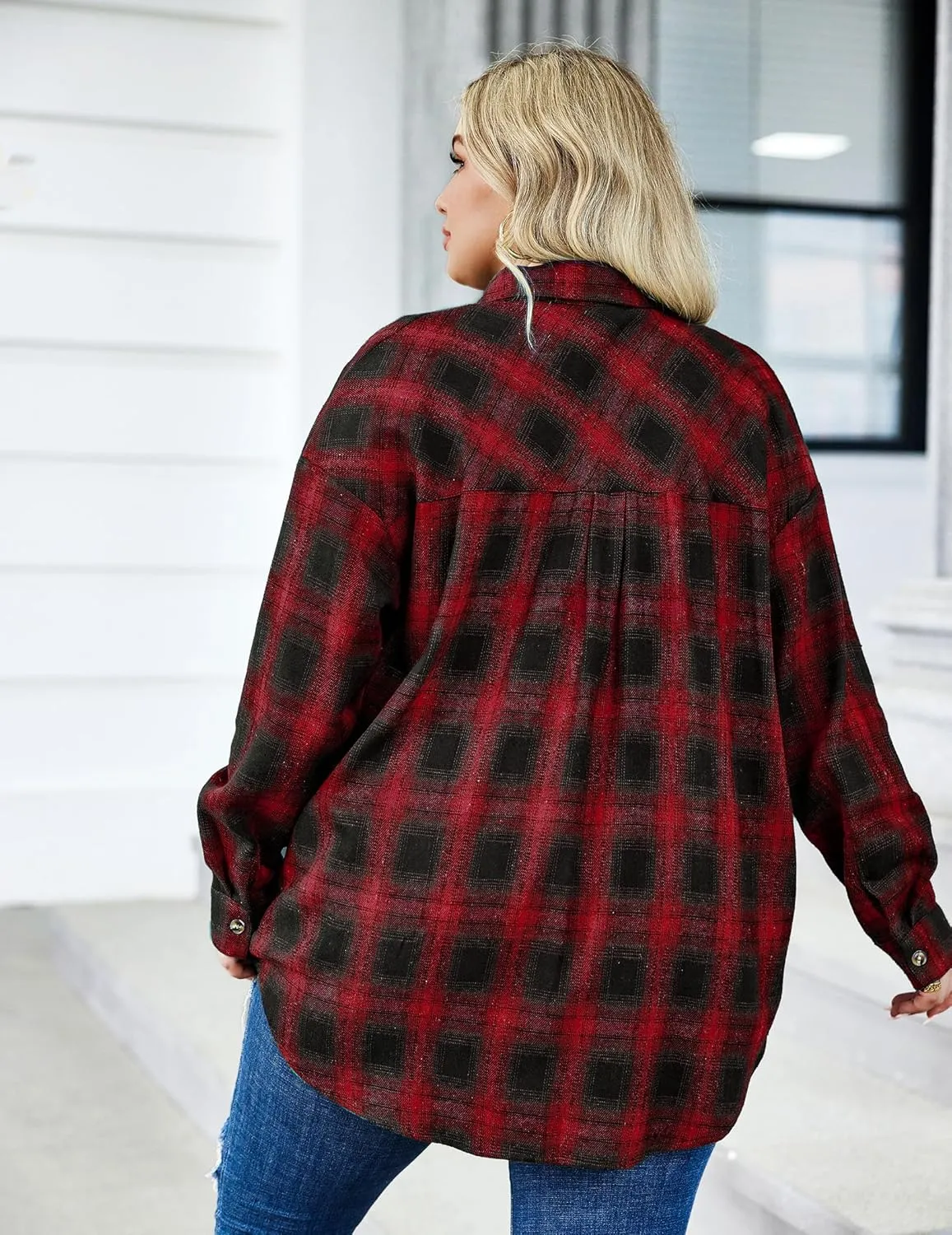 IN'VOLAND Womens Plus Size Flannel Plaid Shirts Roll Up Long Sleeve Casual Collared Button Down Shirt Loose Blouse Top
