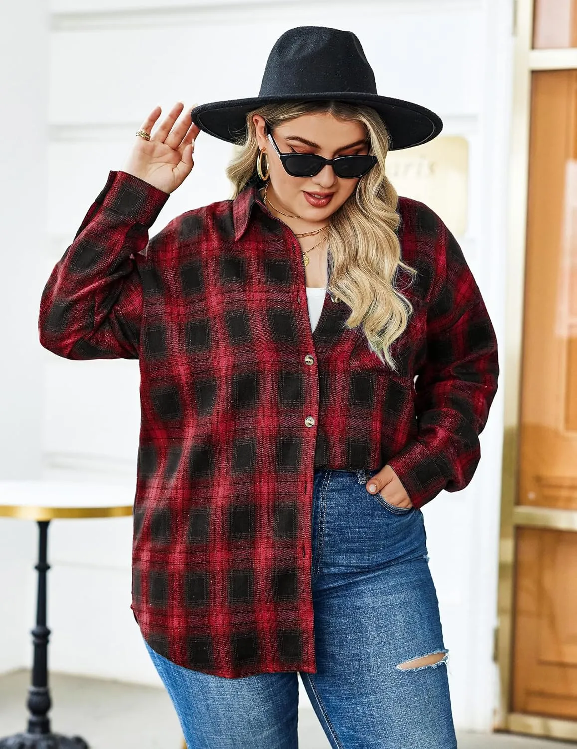 IN'VOLAND Womens Plus Size Flannel Plaid Shirts Roll Up Long Sleeve Casual Collared Button Down Shirt Loose Blouse Top