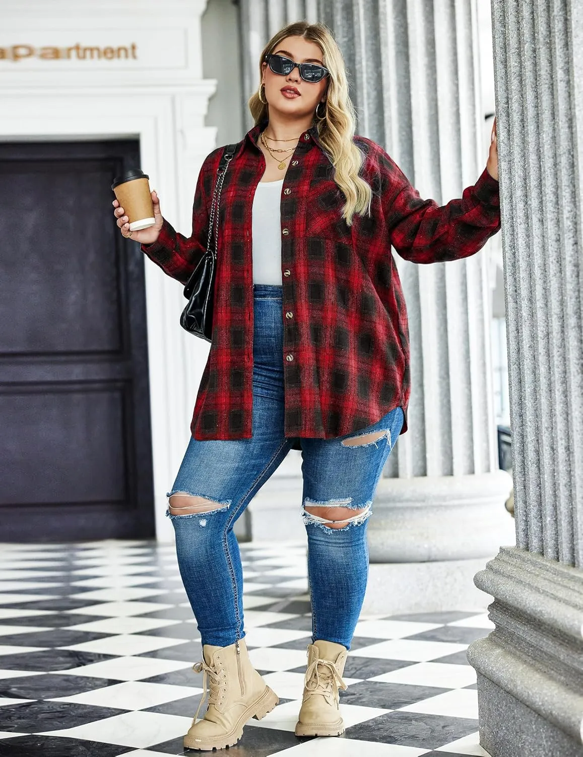 IN'VOLAND Womens Plus Size Flannel Plaid Shirts Roll Up Long Sleeve Casual Collared Button Down Shirt Loose Blouse Top