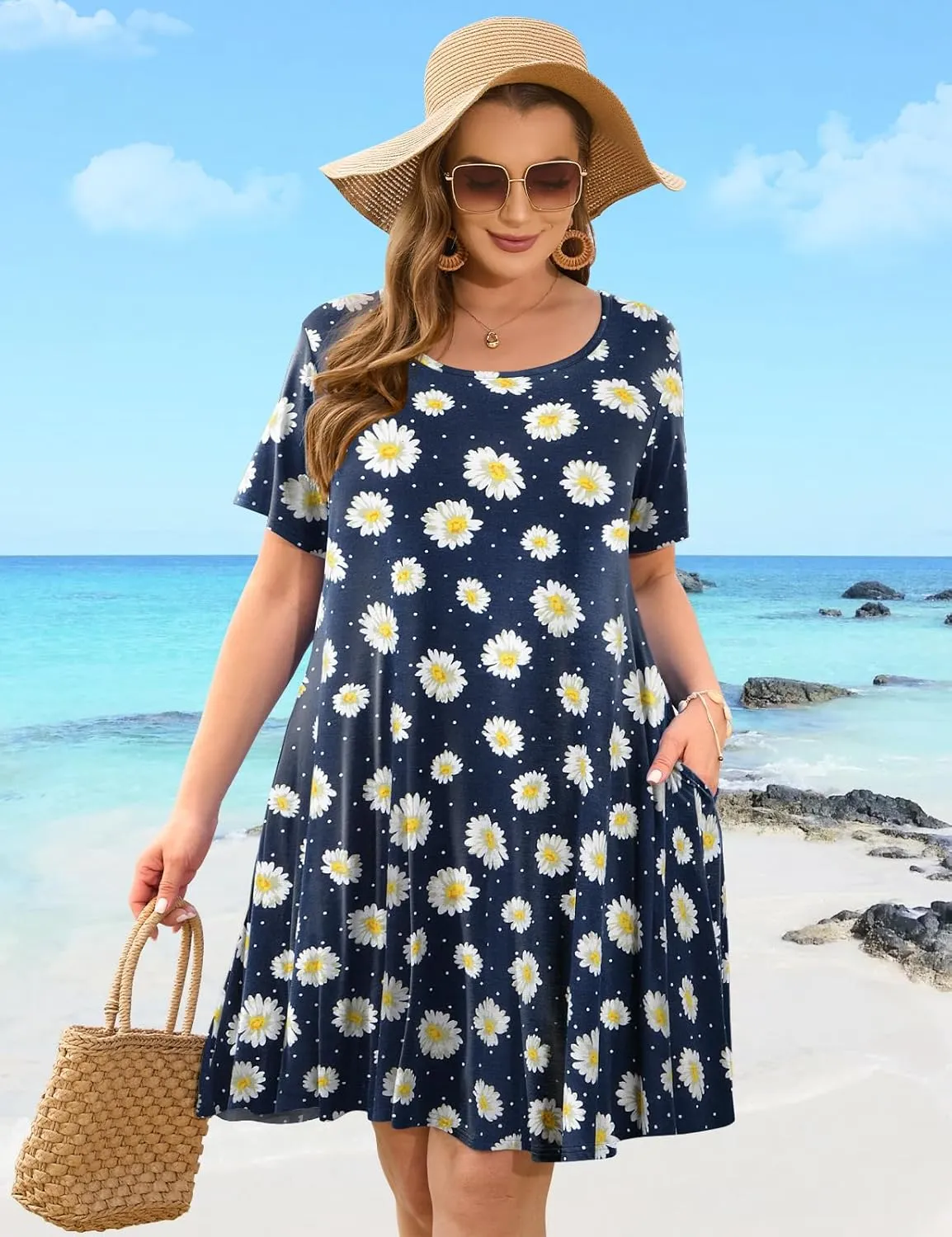 JollieLovin Plus Size Summer T-Shirt Casual Dresses for Curvy Women Flowy Swing