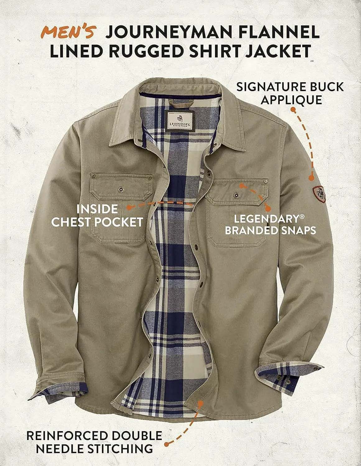Legendary Whitetails Journeyman Shirt Jacket, Flannel Lined Shacket for Men, Water-Resistant Coat Rugged Fall Clothing